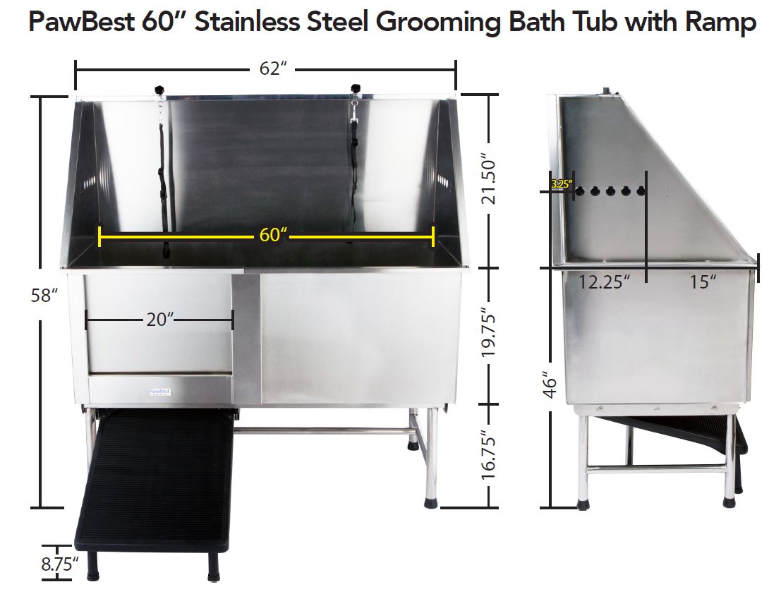62 inch Professional Dog Grooming Tub Stainless Steel Pet Bathing Tub Large  Dog Wash Tub with Faucet Walk-in Ramp Accessories Dog Washing Station Pet